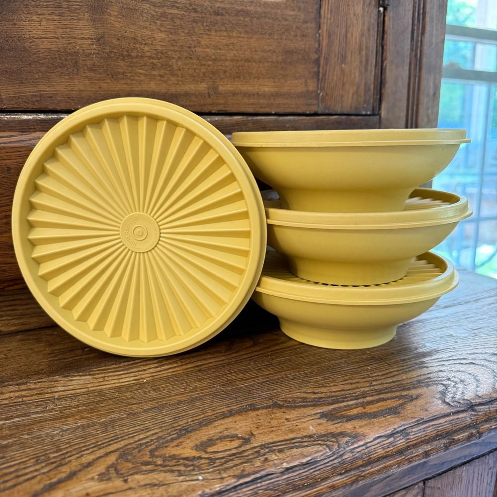 Vintage Tupperware Yellow Servalier Bowl Set 4 Lids 890-19 Sunburst Harvest Gold